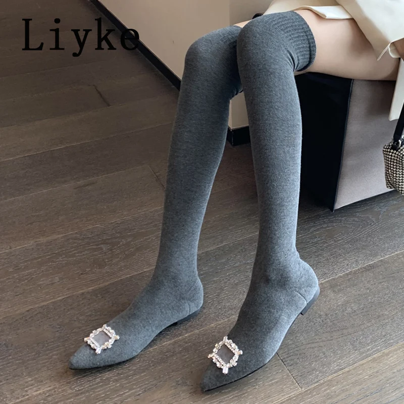 Liyke 2024 Autumn Women Cozy Knitting Stretch Fabric Socks Boots Crystal Buckle Casual Flat With Thigh High Over The Knee Shoes