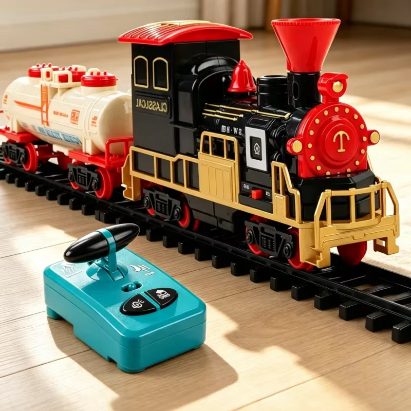 Retro RC Train Remote Control Electric Railway Track Train with Sound Smoke Spray Locomotive Vehicle Model Kid Christmas Gifts