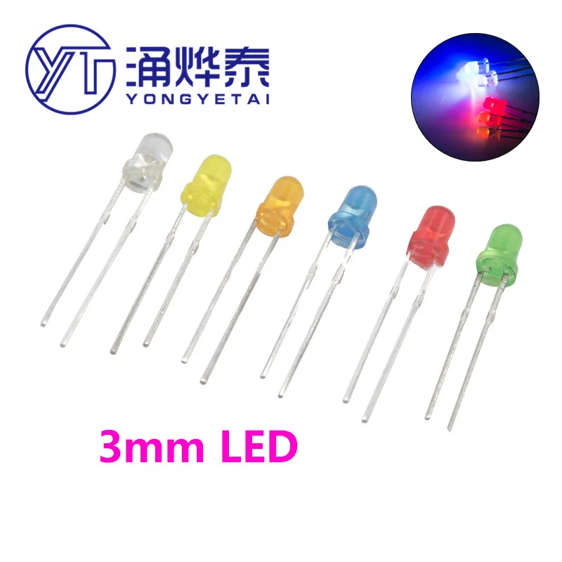 

YYT 1000PCS 3MM pin 18mm 28mm with brim F3 LED light Red blue white yellow green purple orange emitting diode super bright