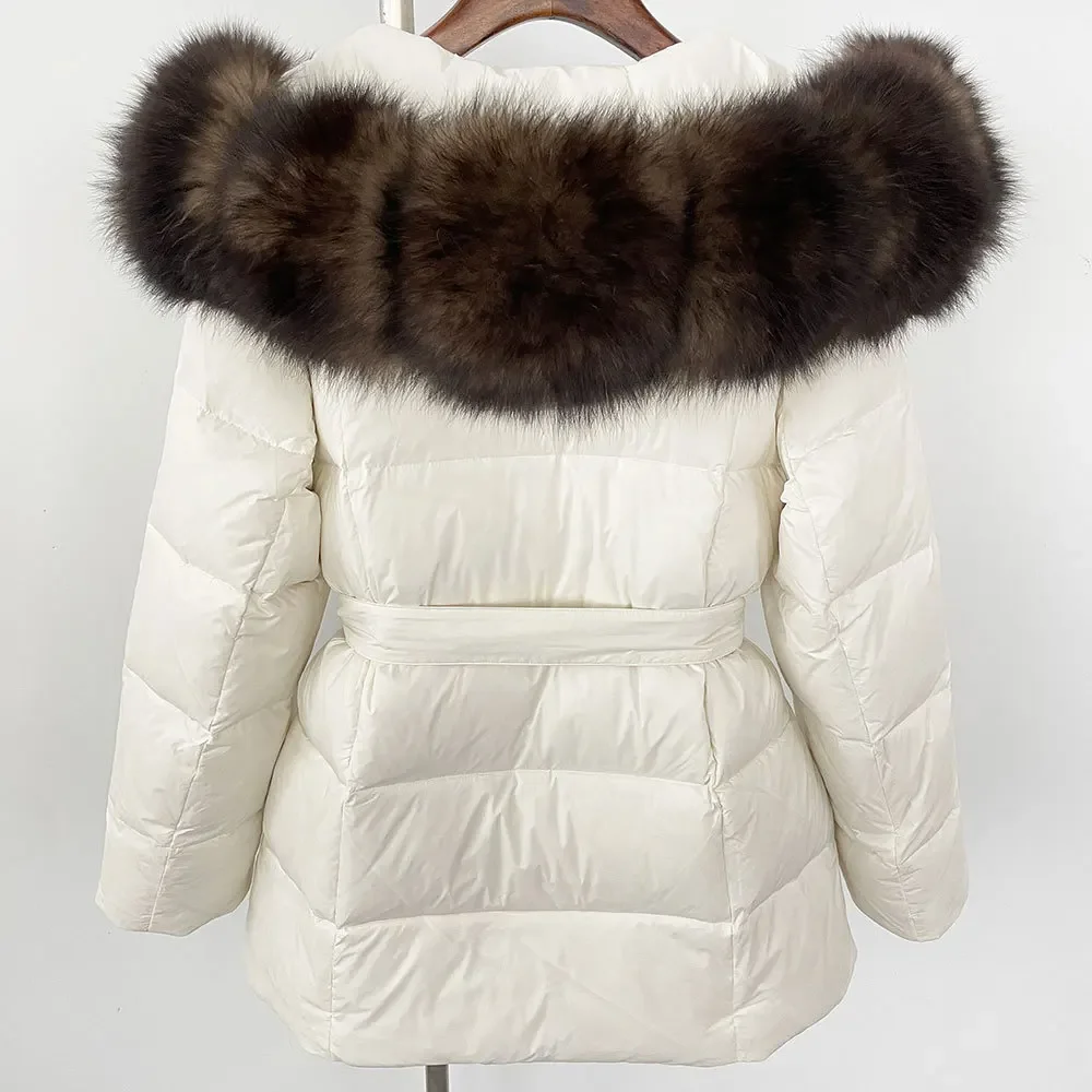 Jaqueta puffer senhora do escritório real guaxinim gola de pele de raposa casaco feminino overwears 2024 inverno pato branco para baixo jaqueta solta casual