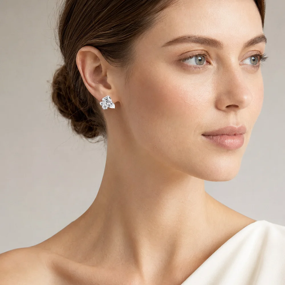 Geometrischer Ohrstecker aus weißem Stein, glamouröser Schmuck für Frauen, Hochzeit, romantisches Geschenk aus 925er Sterlingsilber – Detail 2