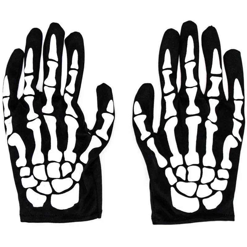 1 Pair Halloween Skeleton Gloves Unisex Adult Full Finger Short Gloves Women Stretch Cosplay Goth Mittens Party Accessories