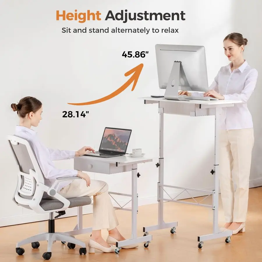 Small Standing Desk Adjustable Height Small Computer Desk Mobile Portable Rolling Laptop Table with Wheels 32 Computer Workstat