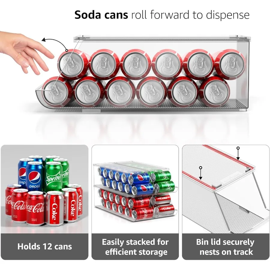 냉장고용 소르부스 소다 캔 정리함 - 뚜껑이 쌓을 수 있음 각각 12캔 보관 가능 BPA 프리 - 냉장고 정리함 및 보관용 잔디