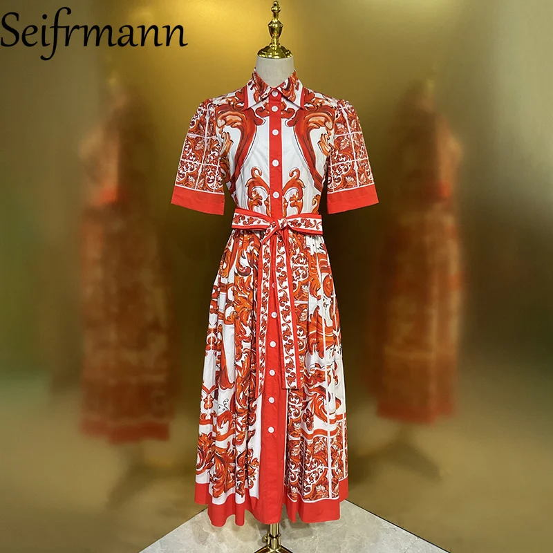 Seifrmann 2026 Sommer Damen Neues Modisches Revers-Kurzarmkleid aus Baumwolle mit Aufdruck und Taillengürtel