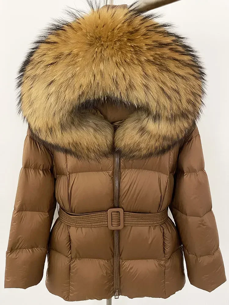 Luxurious 2024 Thick Warm 90% White Duck Down Coat Winter Jacket Women Real Natural Raccoon Fox Fur Collar Hooded Casual New