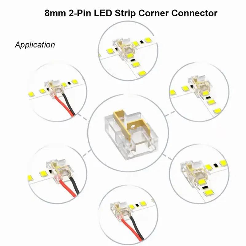 AB15-مشابك بدون لحام لموصلات شريط LED - طقم 8 مم 2 دبوس 20 قطعة لشرائط إضاءة SMD/COB بلون واحد