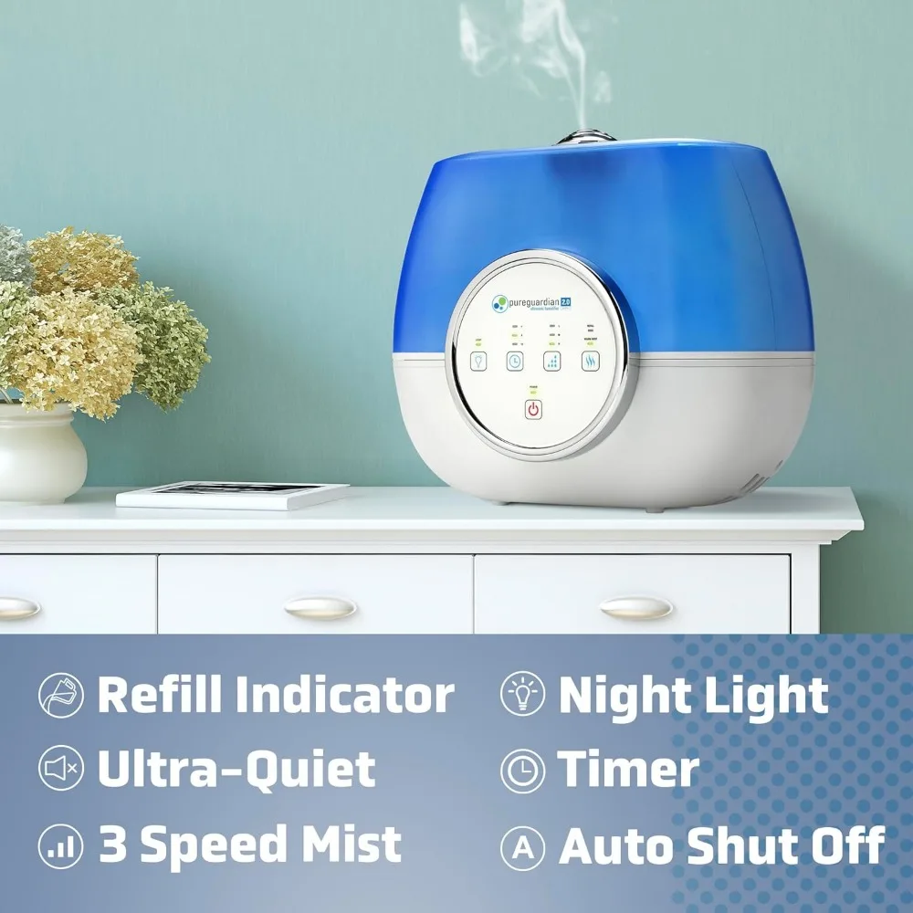 Ultrasonic Warm and Cool Mist Humidifier for Bedrooms, Quiet, Filter-Free, 120 Hr, 2 Gal Treated Tank Surface Resists Mold