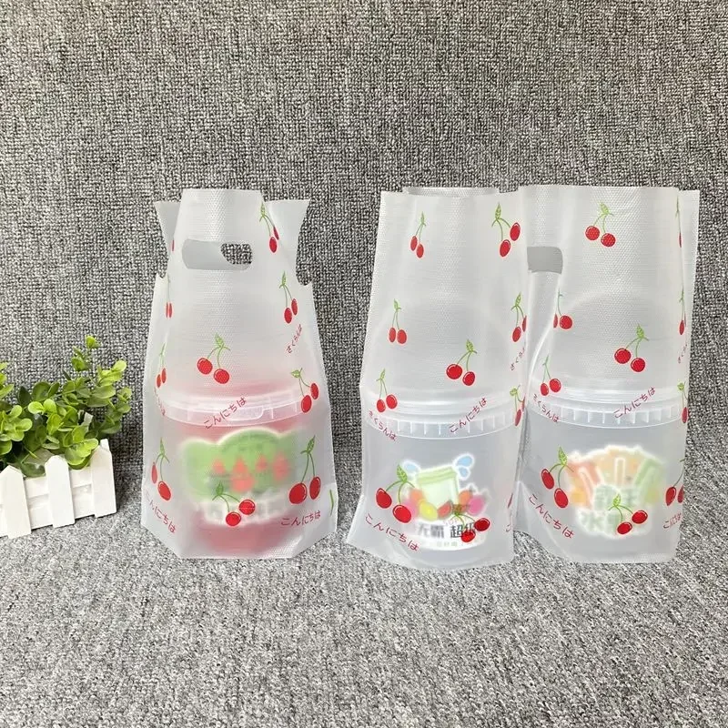 100PCS 1000ml Packaging Bag Fruit Bucket Handbag 98 Caliber Beverage Bag Single Cup Double Cup Translucent Beverage Delivery Bag