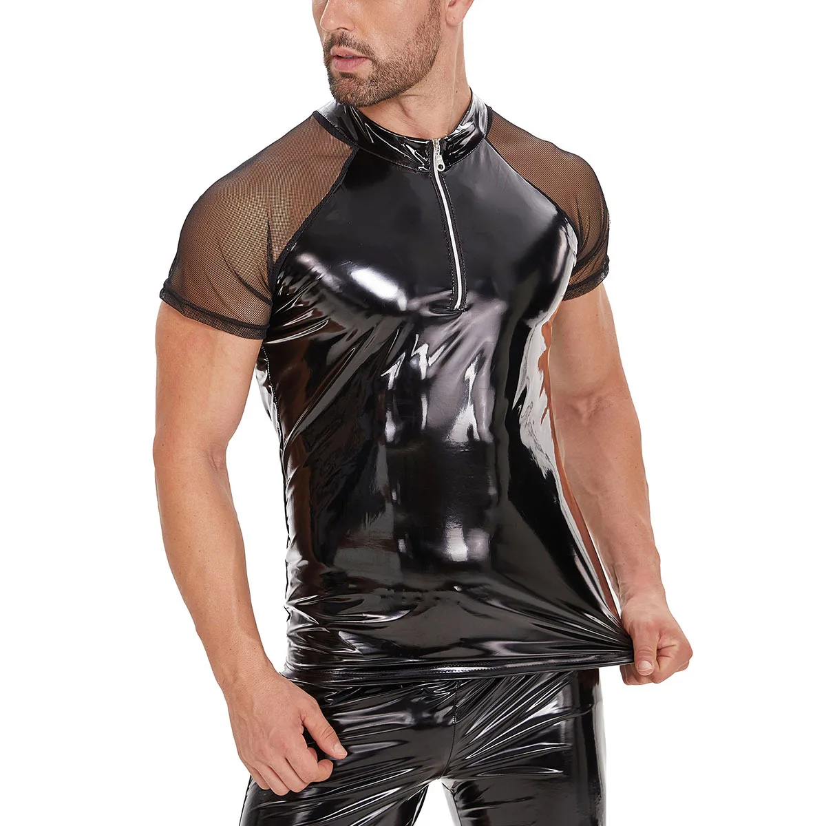 

Sexy Men's PU Bright Leather Short-sleeved T-shirt Spliced with Transparent Mesh Yarn, Accurate Size, No Odor