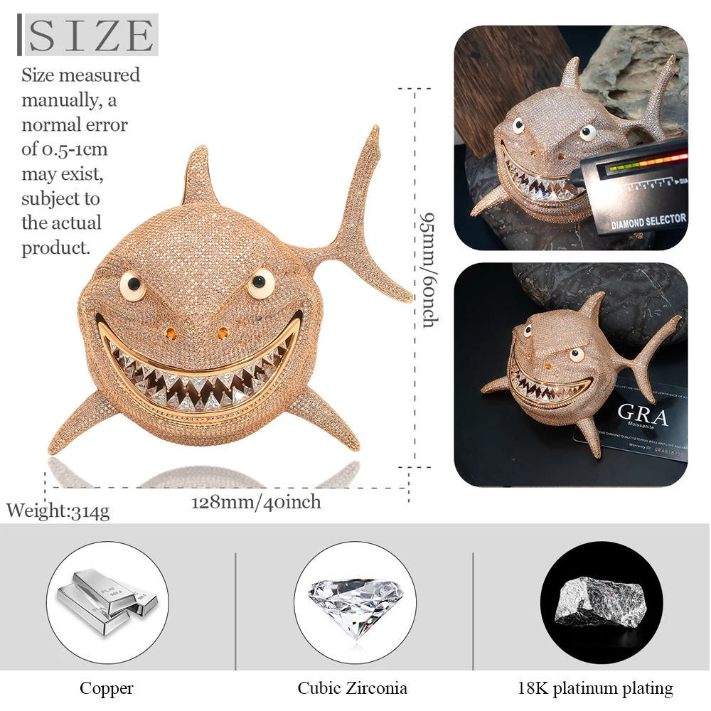 Hip Hop 5A+ CZ Shark pendant Bling Paved Iced Out Necklace Accessories for Men Rapper Jewelry Anniversary Valentine's Day gift