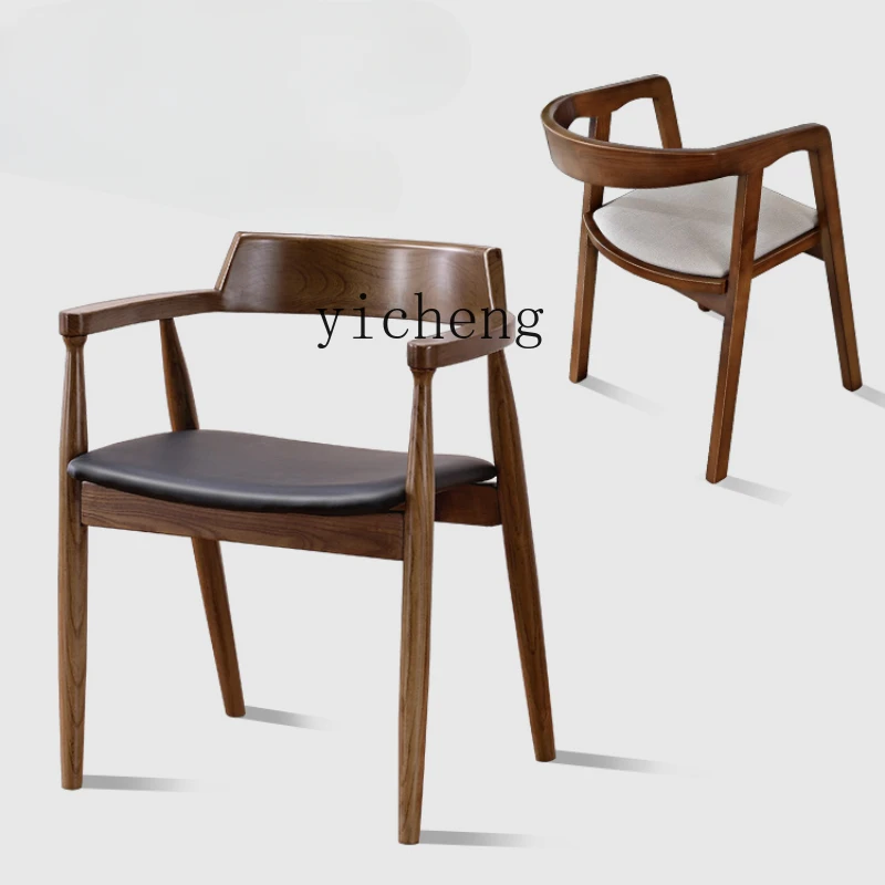 

Tqh Solid Wood Dining Chair Nordic Presidential Chair Hotel Leather Mahjong Armrest Table and Chair