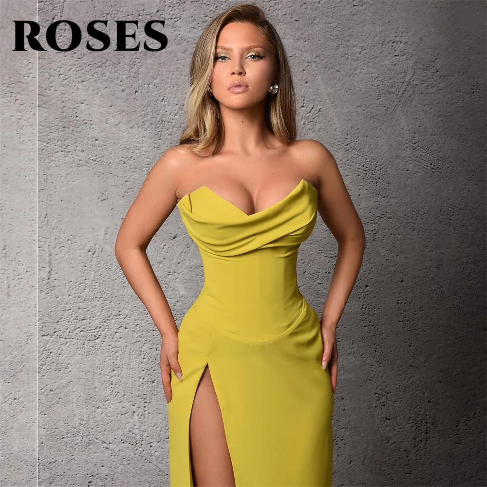 ROSES Yellow Sexy Evening Dress Sweetheart Trumpet Party Dress with Pleat Satin Mermaid High Side Slit فساتين الحفلات Prom Dress