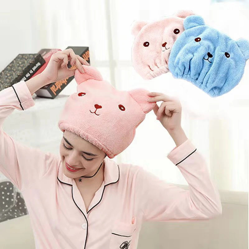 Dry Hair Cap For Women Quick-drying Absorbent Thick Microfiber Head Towel Korean Cute Bear Embroidered Shower Cap