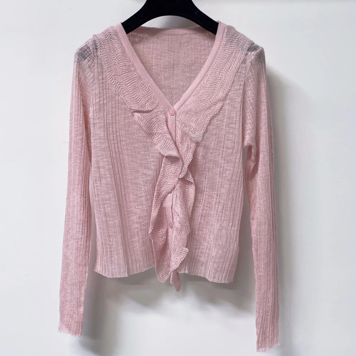 High Quality Women Ruffle V Neck Knit Cardigan Sheer Thin Long Sleeve Button Down Sweater Top lyt26723129