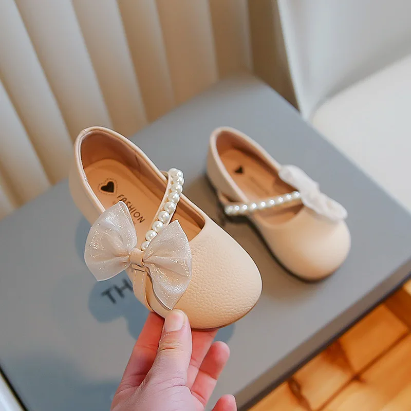 Autumn Girls Princess Pearl Shoes New Kids Bow Leather Shoes Soft Comfortable Children\'s Party Wedding Flat Shoes H989