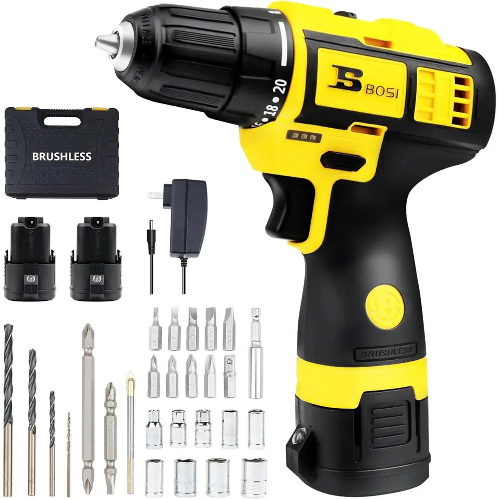 

16.8V Power Drill Driver Kit with 2 2000mAh Batteries and 3/8-Inch Key Chuck, 2 Speed, 20+1 Position Torque Setting, 27pcs Drill