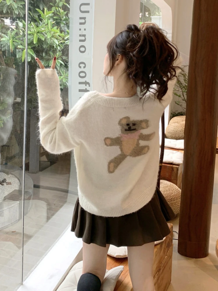 KOSAHIKI Girl Kawaii Bear Cardigan Sweater Top Women Loose Knitted  Coat Korean Fashion Harajuku Streetwear Jumper Jacket