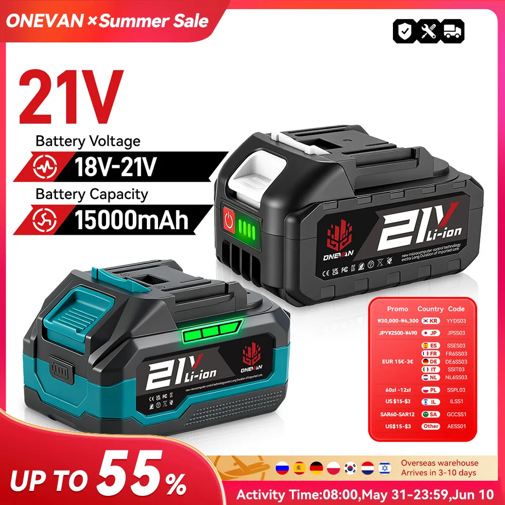 Batterie rechargeable ONEVAN 15000mAh, batterie au lithium avec indicateur de capacité, outil électrique pour outils électriques Makita