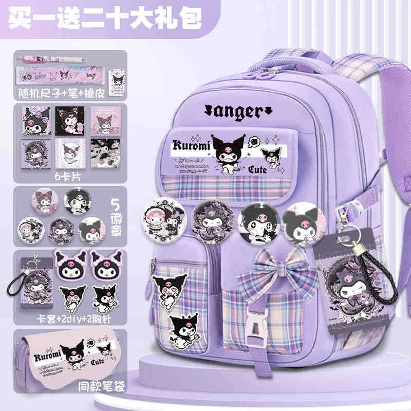 Sanrio Kuromi Schoolbag para meninas novo 2024 mochila escolar leve com proteção de coluna de alto volume para séries 3-9