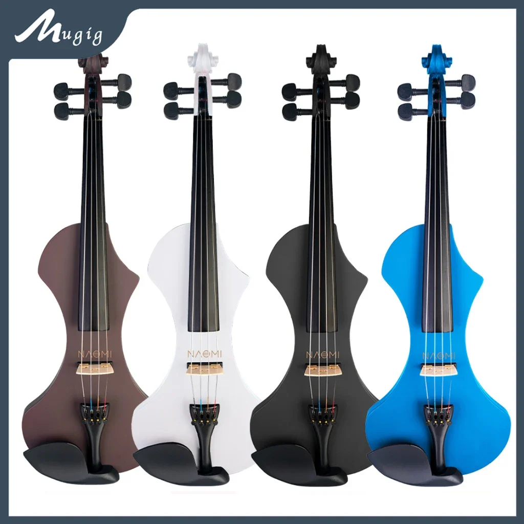 Mugig Electric Violin Hand-Carved Solid Wood Violins 4/4 Full Size Violino W/ Carrying Case Brazilwood Bow Audio Cable Rosin