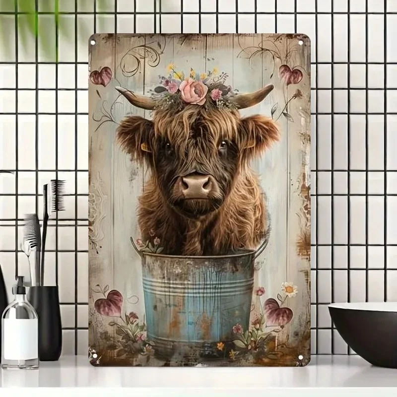 Decoración de Pared Metálica 2D Flat Vaca Rústica Floral, Arte Vintage Multiespacio Ideal para Casa Garaje Y Jardín