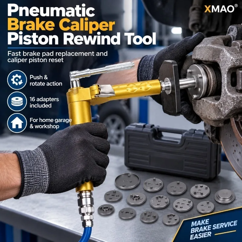 Pneumatic Brake Piston Reset Tool Kit with 16 Adapters, Air Assisted Caliper Rewind Compressor for Brake Pad Replacement