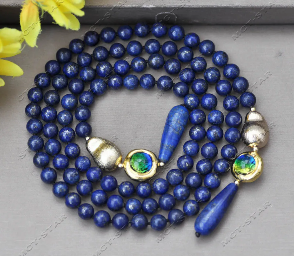 Z13262 39\'\' 28mm Blue Drop Round Lapis-Lazuli Gold-Plated Pearl Necklace Custom Jewelry
