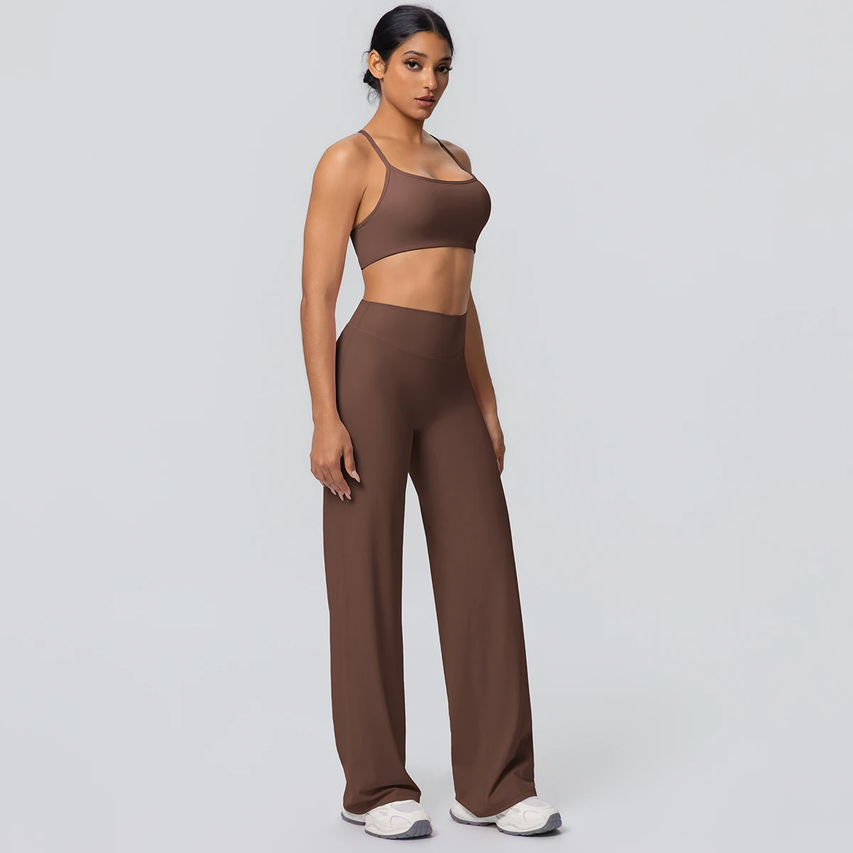 Frauen Gym Sport Yoga Anzug Sexy Schöne Zurück Yoga Unterwäsche Mit Brust Pad Einfarbig Hohe Taille Breite Bein Hosen Yoga Set – Detail 7