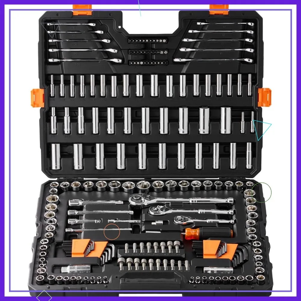 

205-Piece Mechanics Tool Set, SAE & Metric Sockets with 1/4", 3/8", 1/2" Drive, Deep & Standard, Chrome Vanadium Steel