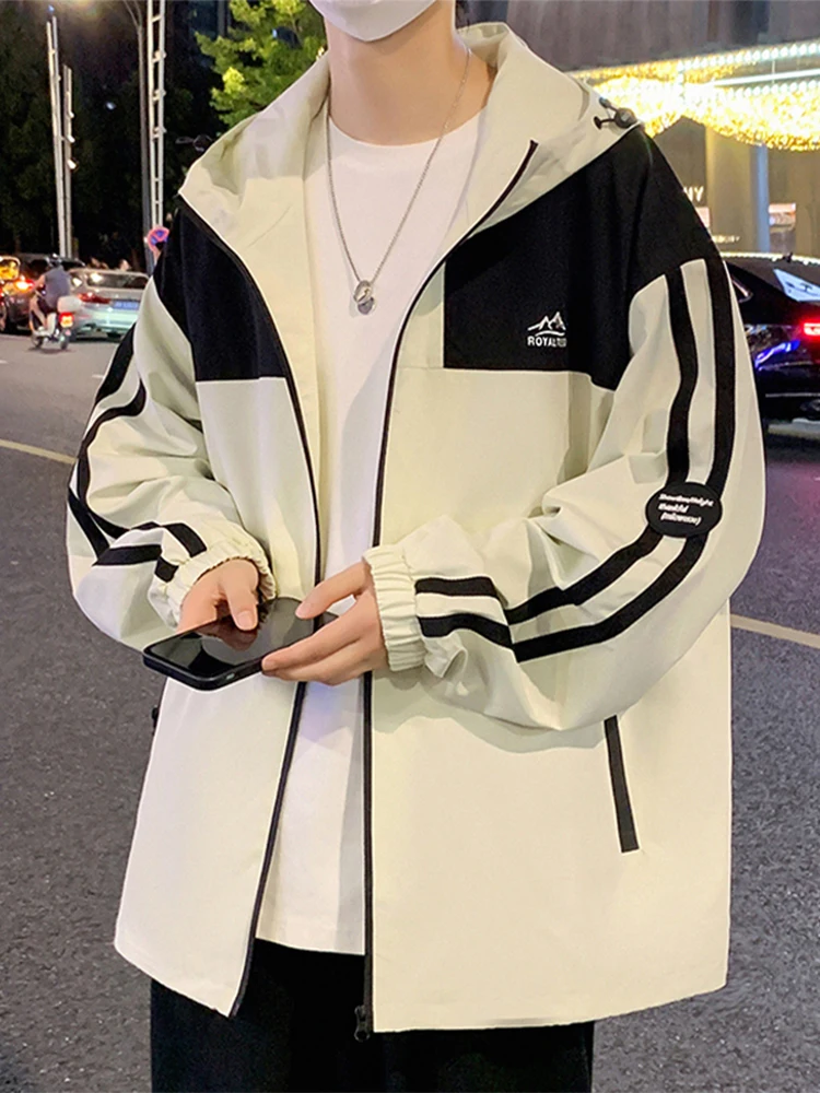 

Мужская куртка с капюшоном осень-весна 2024, модная, свободного кроя, в полоску, молодежная, из полиэфирного волокна