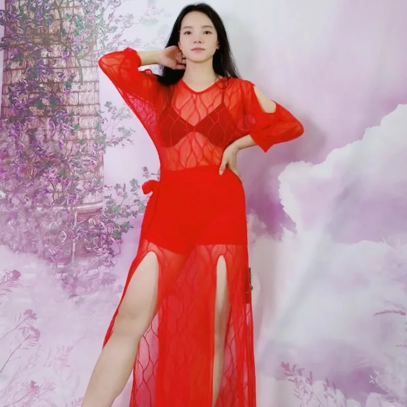 Customized Swegal Sexy Women's Belly Dance Practice Clothes Eastern Dance Costumes Arm Exposed Mesh Robes Lightweight