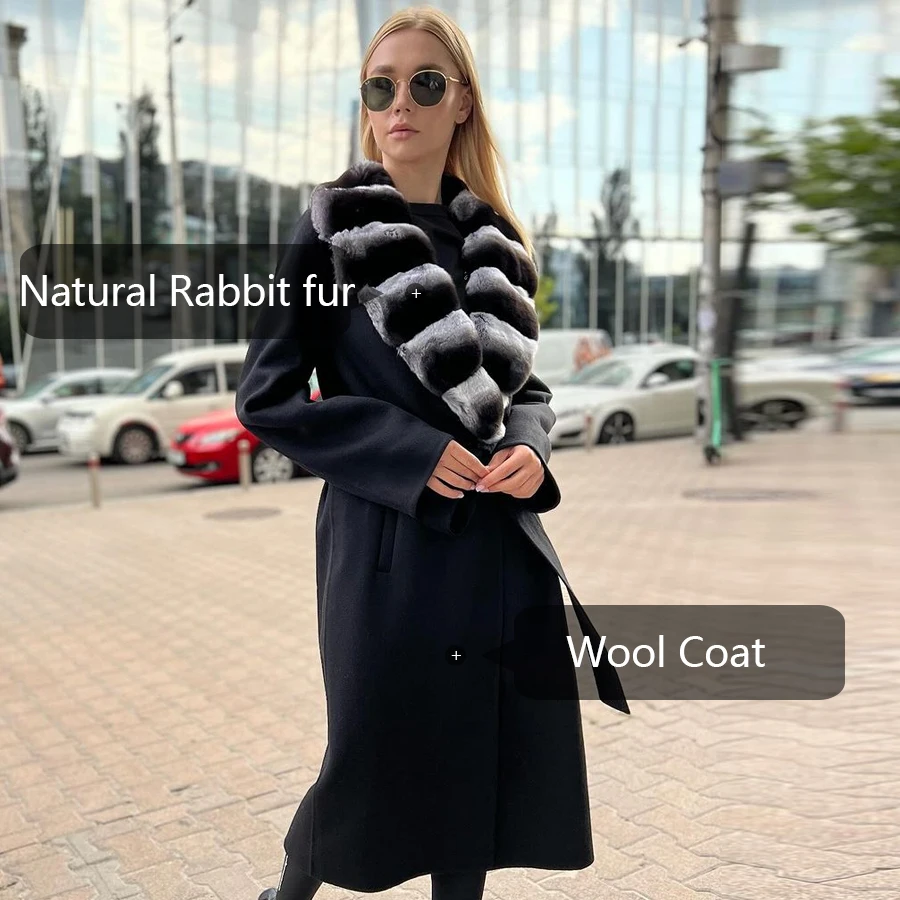 Woollen Coats With Chinchilla Rabbit Fur Collar Long Black Fur Coat Winter Warm Wool Coats For Women