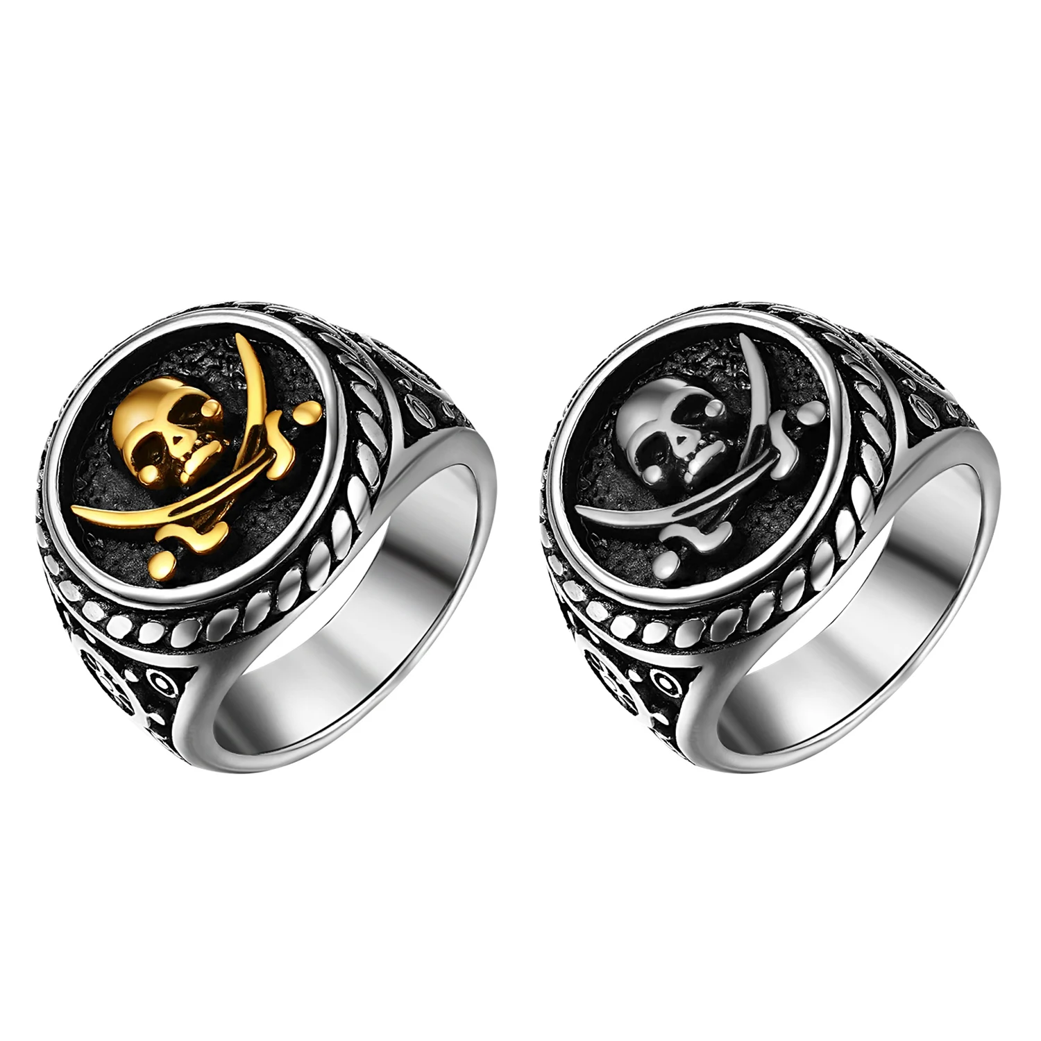 BONISKISS Vintage Pirate Signet Double Knife Death Skull Rings Men's Stainless Steel Biker Amulet Jewelry Gift Drop Shipping