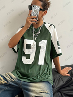 Oversized T-shirt For Women V-Neck Short Sleeve Summer Patchwork Speed 91 Printed Streetwear Tops Casual Football Jersey Y2k Tee