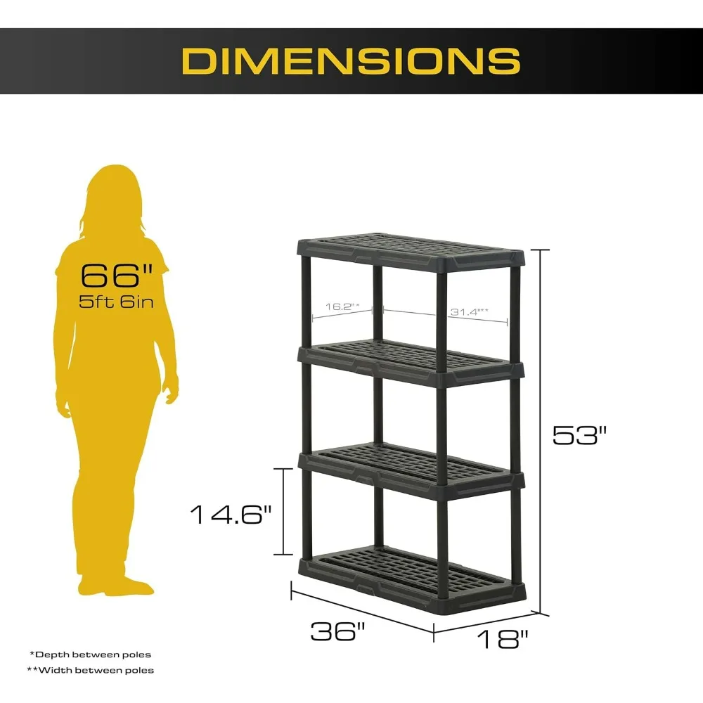 CENTREX CX 4-Tier Heavy Duty Plastic Storage Shelves 150lbs Capacity Per Shelf Black Weather-Resistant Easy Assembly Garage Kitc