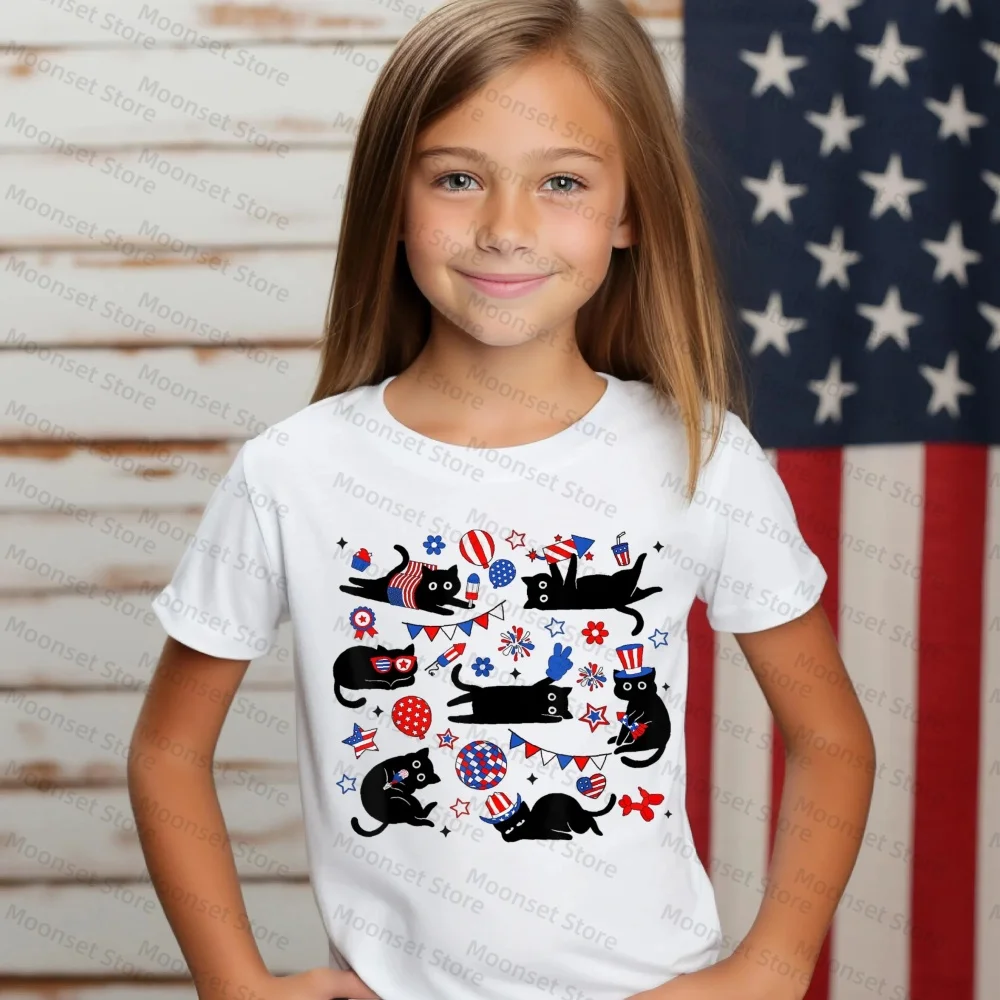 Kids 4th of July T-Shirt Cute Black Cat Patriotic American Flag Short Sleeve Tee for Girls Independence DayAdult  Casual Tops