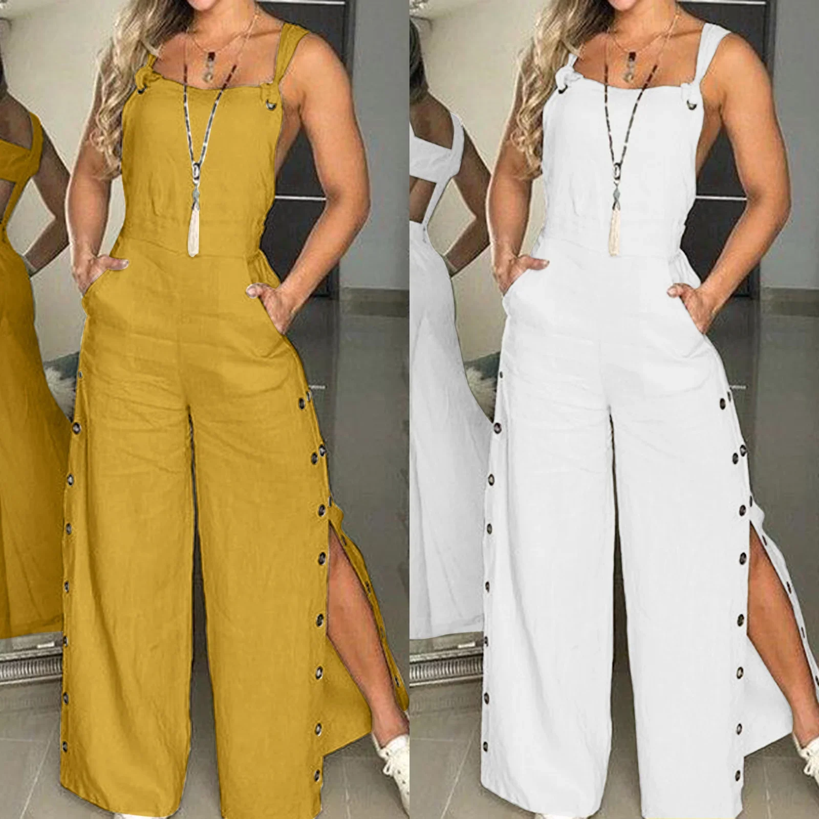 Women Jumpsuit Summer Sleeveless Solid Color Wide Leg Pockets Loose Strappy Playsuit Overall Wide Leg Pockets Mono Mujer Verano