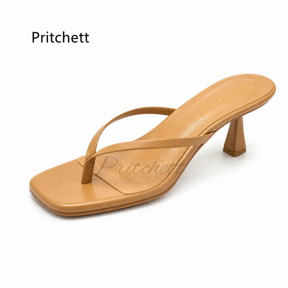 Brown Flip Flop for Women Square Toe Clip Toe Slippers Slip On Outdoor Sandals Kitten Heel Summer Daily Beach Casual Shoes