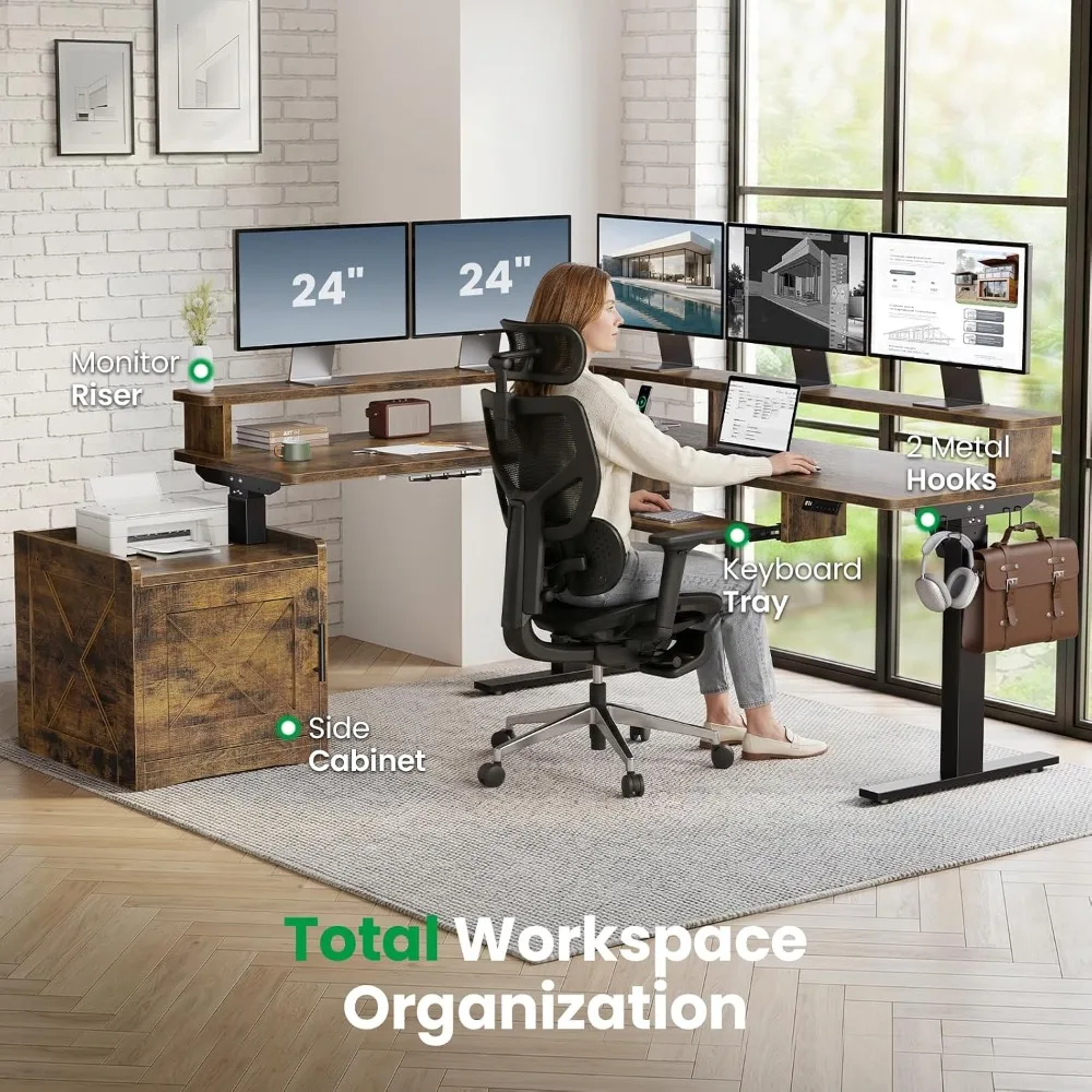 L-Shaped Standing Desk 63x55 with Monitor Shelf and Cabinet Home Office Adjustable Workstation