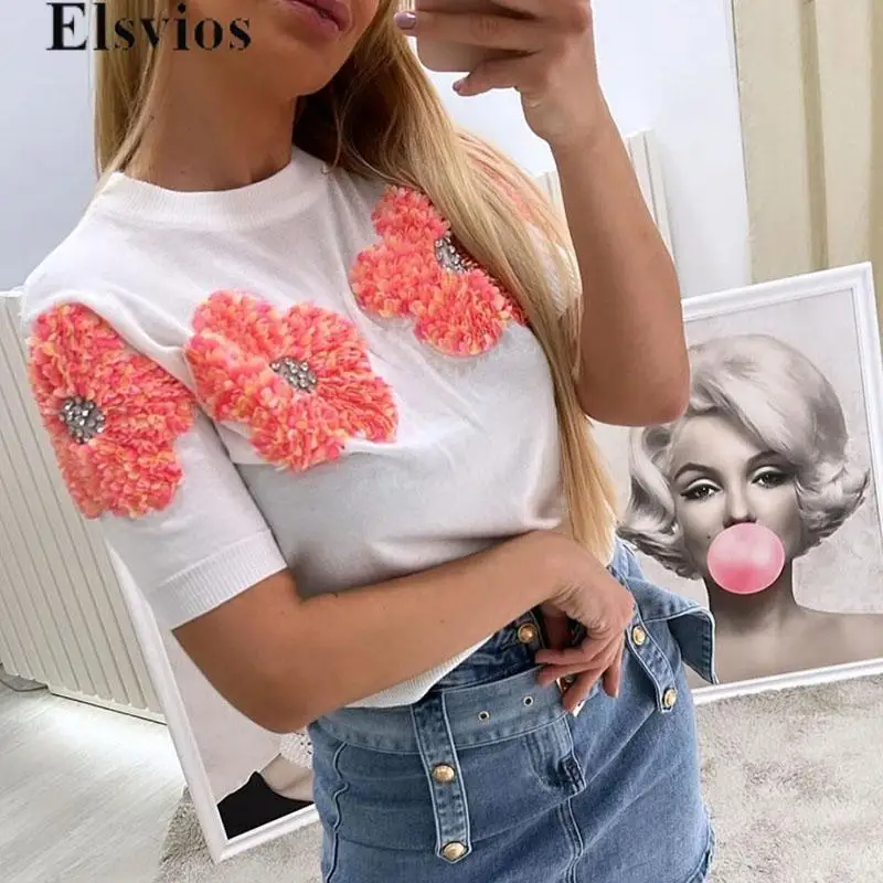 

Elegant Short Sleeve O-Neck Blusa Pullover Trendy Skinny Knit Rhinestone Blouse Sweet Floral Contract Color 2024 Shirts Women