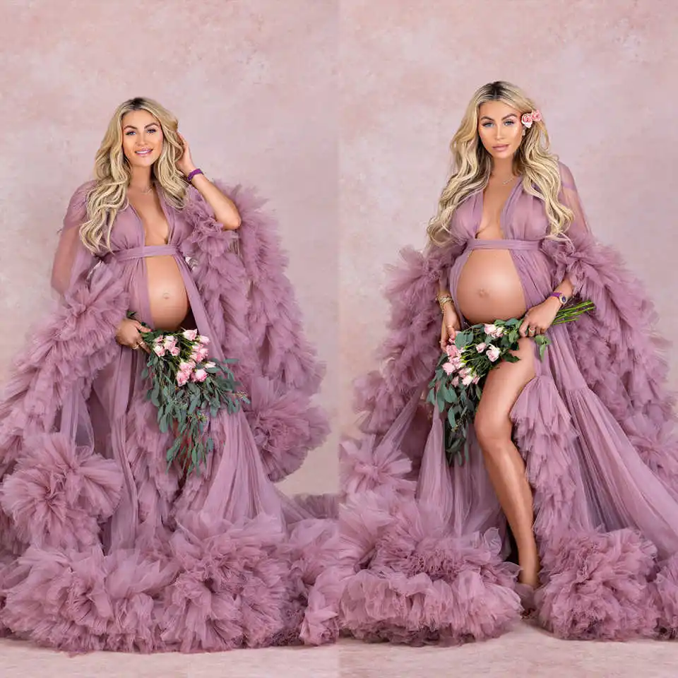 

Tiered Bathgown Tulle Maternity Robe for Photoshoot Ruffles Bridal Robe Pregnancy Gowns Túnica materna Customized