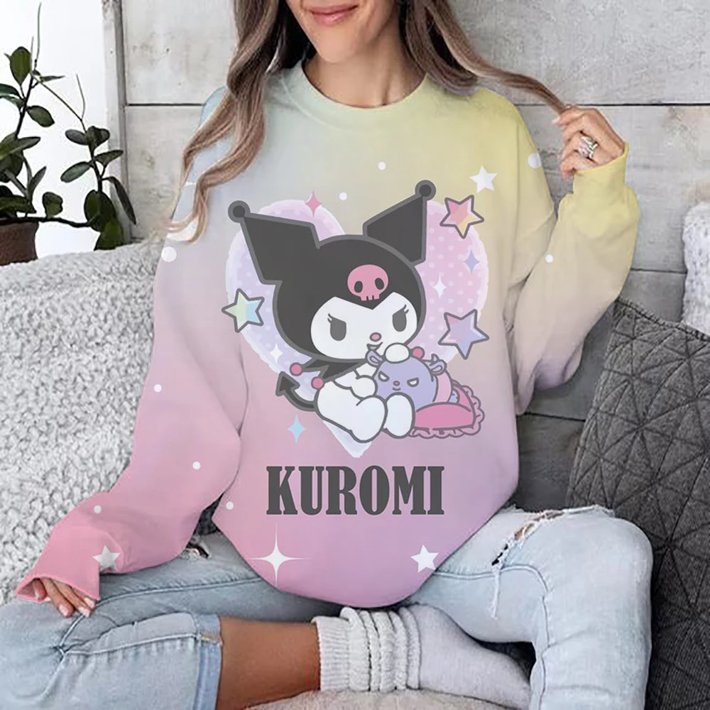 Street casual women\'s sportswear Hello Kitty Kuromi cartoon print hoodie, loose and soft pullover sweater, round neck woolen swe