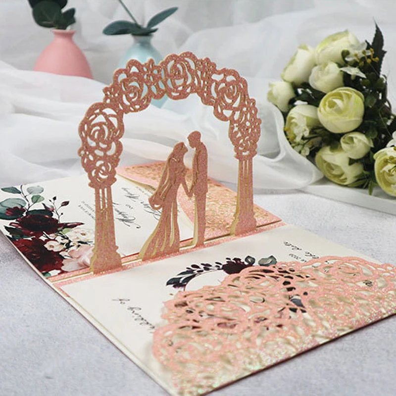 10 Pieces 3D Pop-Up Silver Glitter Wedding Invitations Laser Cut Pocket Bride and Groom Customized Greeting Card With RSVP IC144