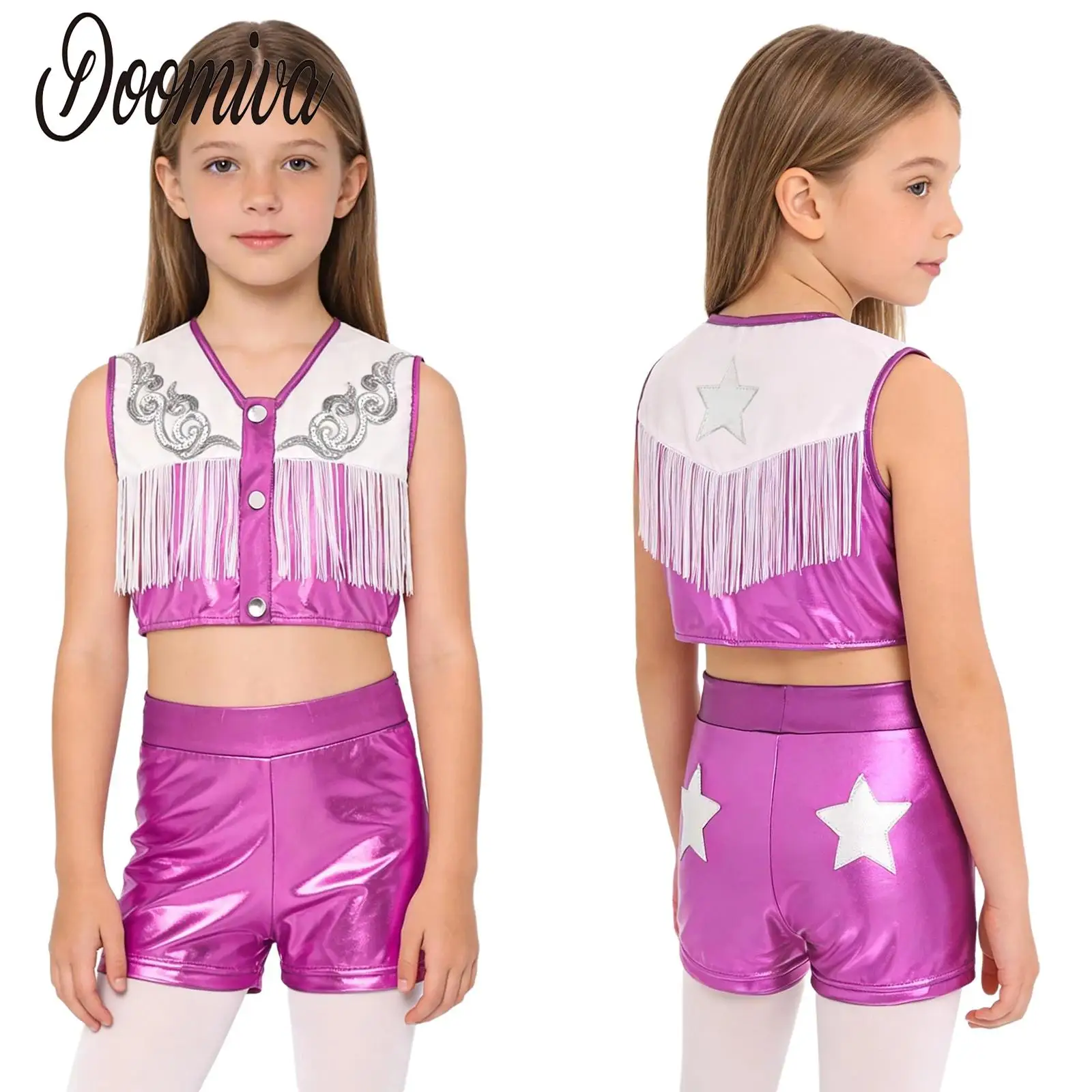 

Girls Western Cowgirls Cosplay Jazz Dance Costume Outfits Metallic Sleeveless Fringed Top Shorts Set for Halloween Theme Party