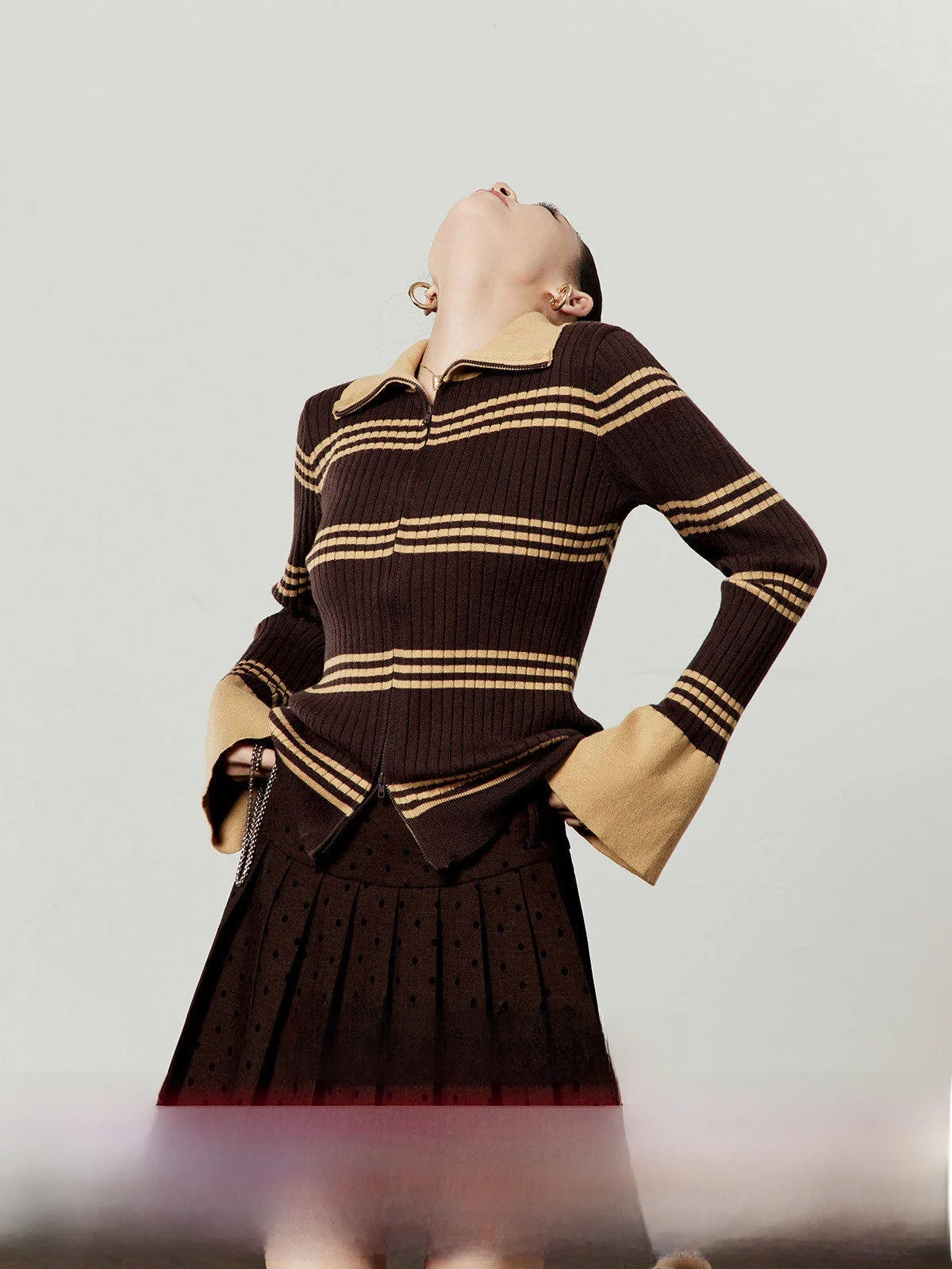 

Коричневый вязаный кардиган Ce Slim Fit с расклешенными рукавами для женщин, повседневный, винтажный, в полоску, с длинными рукавами, на молнии