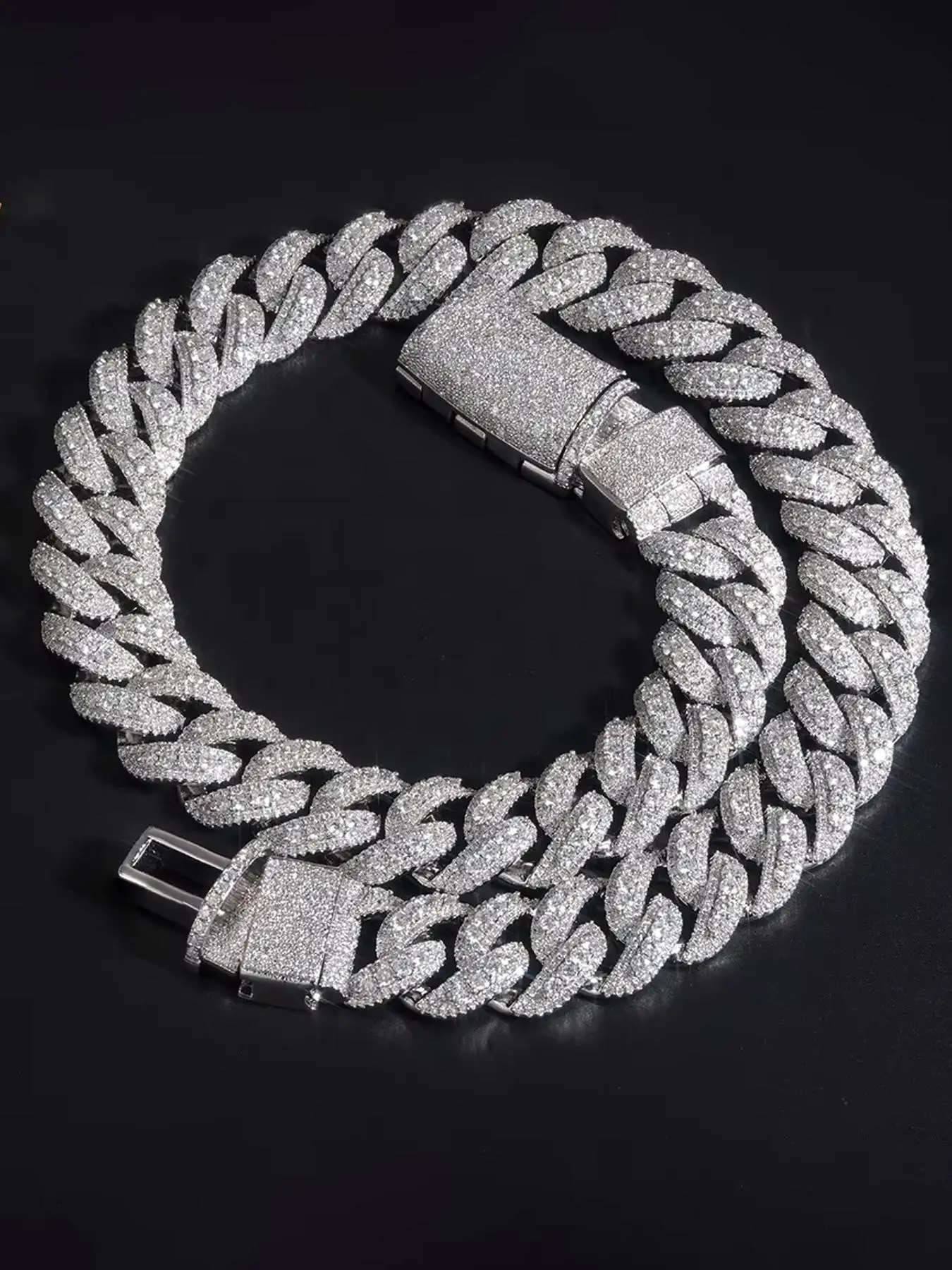 Ice Diamond 22mm Medium Row Diamond Cuban Chain Necklace, Gold Plated Brass, Ice Crystal Zircon Square Crystal Zircon,