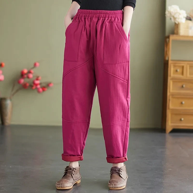 

Women's Artistic Retro Cotton and Linen Quilted Trousers Thickened Cotton-padded Loose Plus Size Simple Female Clothing Pants