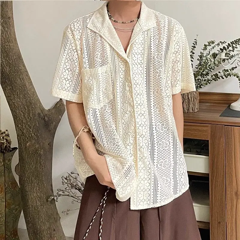 Summer Chic Hollow Shirt Thin Retro Breathable Lace Cuban Collar Shirt Casual Neutral Sun Protection Short Sleeves