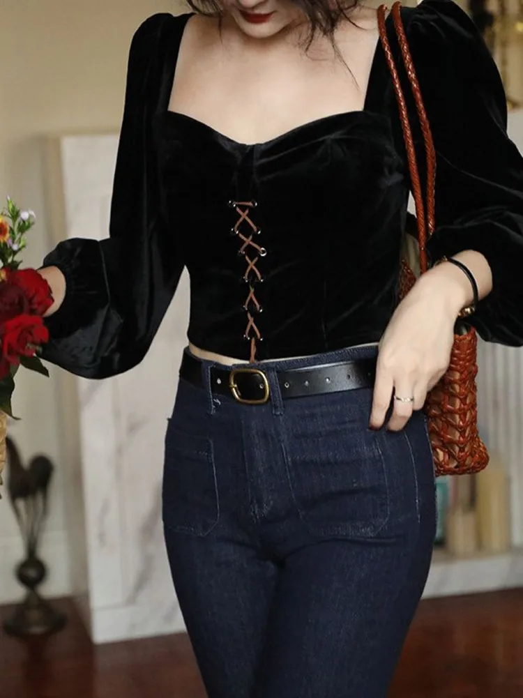 Women Black Simple Cropped Blouses Tops Pleated Slim Sexy Female Long Puff Sleeve Bandage Square Collar Vintage All-match Mujer